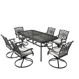 Mondawe - 7-Piece Cast Aluminum Dining Set with Round Tile-Top Table and Swivel Chairs - Black+Grey