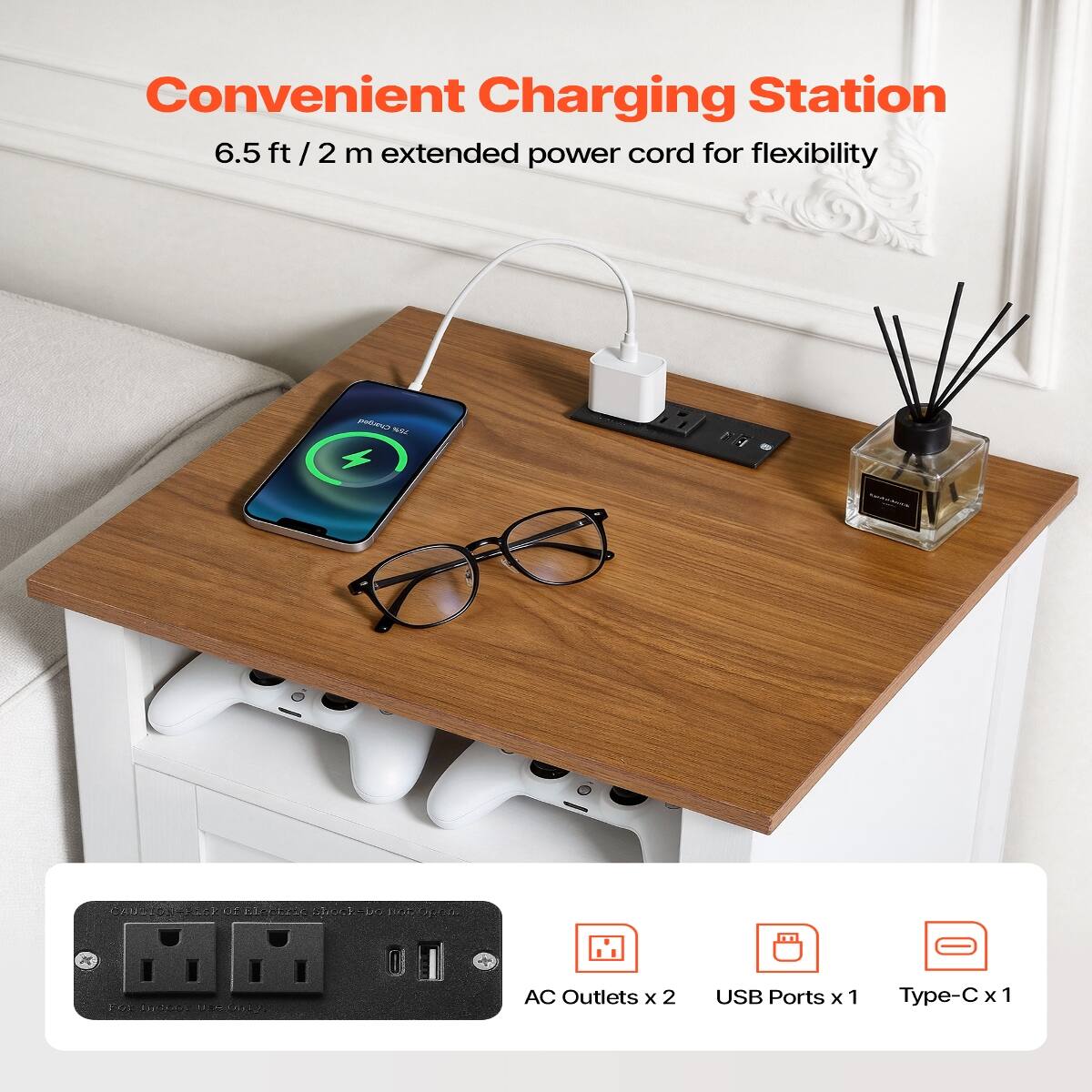 Convenient Charging Station  
6.5 ft / 2 m extended power cord for flexibility  

CAUTION: RISK OF ELECTRIC SHOCK. DO NOT EXPOSE TO WATER.  

For indoor use only  

AC Outlets x 2  
USB Ports x 1  
Type-C x 1