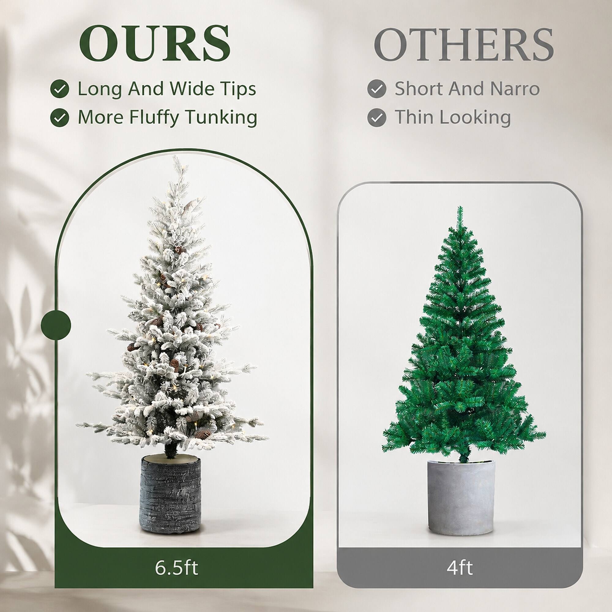 OURS  
Long And Wide Tips  
More Fluffy Tunking  

OTHERS  
Short And Narrow  
Thin Looking  

6.5ft  
4ft