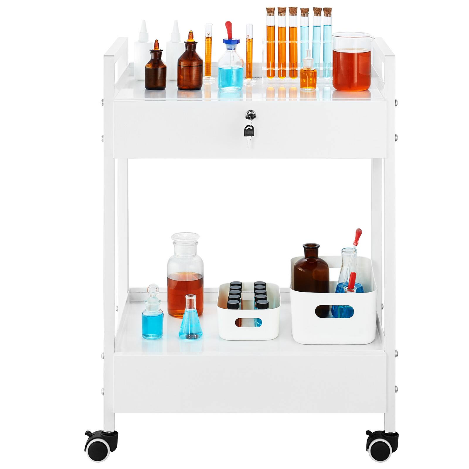 Alt View 5. VEVOR - Lab Cart, 2 Tiers Stainless Steel Utility Cart, Medical Cart with 2 Drawers, Rolling Lab Cart with Swivel Casters - White.