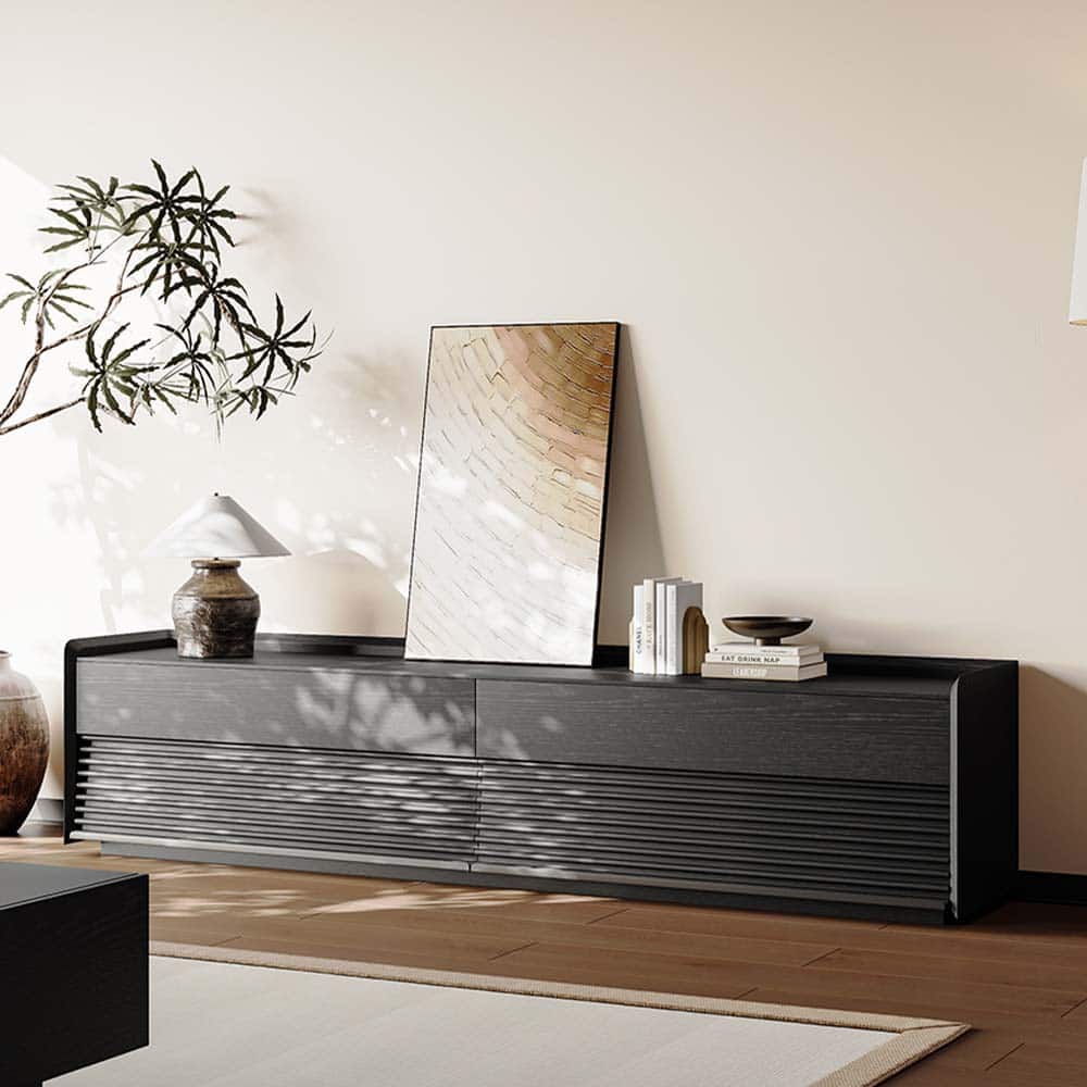 POVISON - 79"Fully-Assembled Mid-Century TV Stand, Modern Cabinet with Adjustable Light, Perfect for 75-inch TVs - Black