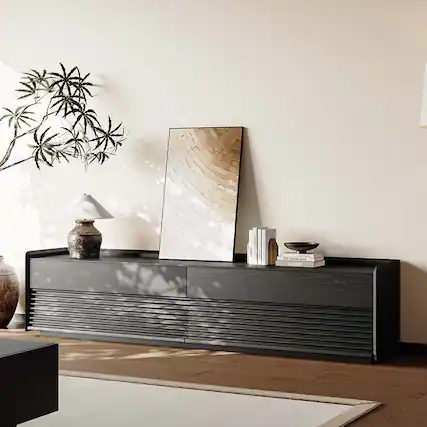 Front. POVISON - 79"Fully-Assembled Mid-Century TV Stand, Black Modern Cabinet with Adjustable Light, Perfect for 75-inch TVs - Black.