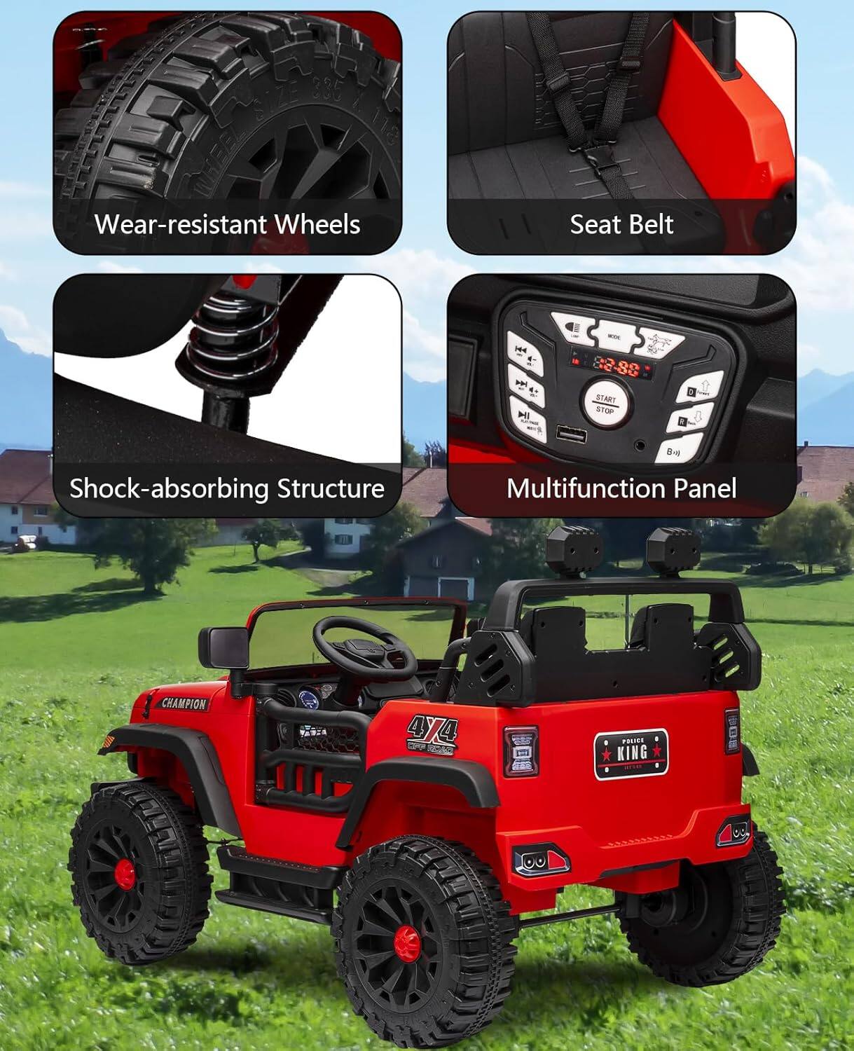 - Wear-resistant Wheels
- Seat Belt
- Shock-absorbing Structure
- Multifunction Panel
- CHAMPION
- 4Y4
- POLICE KING