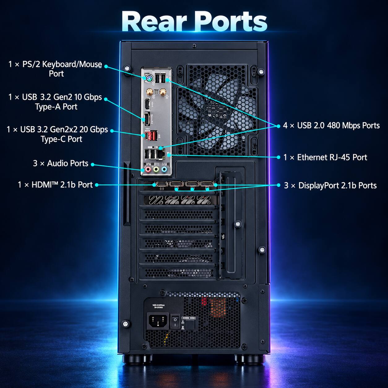 Rear Ports
1 X PS/2 Keyboard/Mouse Port
1 X USB 3.2 Gen2 10 Gbps Type-A Port
1 X USB 3.2 Gen2x2 20 Gbps Type-C Port
4 X USB 2.0 480 Mbps Ports
3 X Audio Ports
1 X Ethernet RJ-45 Port
1 X HDMI™ 2.1b Port
3 X DisplayPort 2.1b Ports