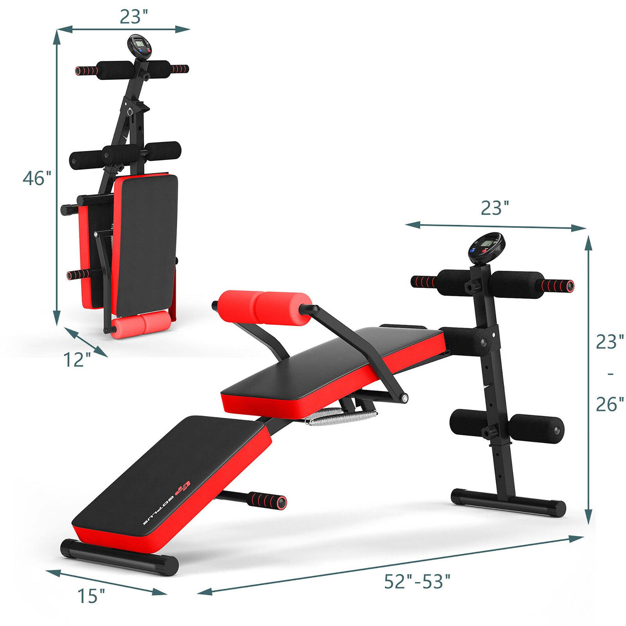 The image features a red and black exercise machine with a red bench. The machine is designed to be used for strength training and cardiovascular exercises. The bench is positioned on the machine, and the machine is placed on a white background. The image also includes a ruler, which is used to measure the dimensions of the machine and bench. The ruler shows that the machine is 23 inches tall, and the bench is 23 inches wide.