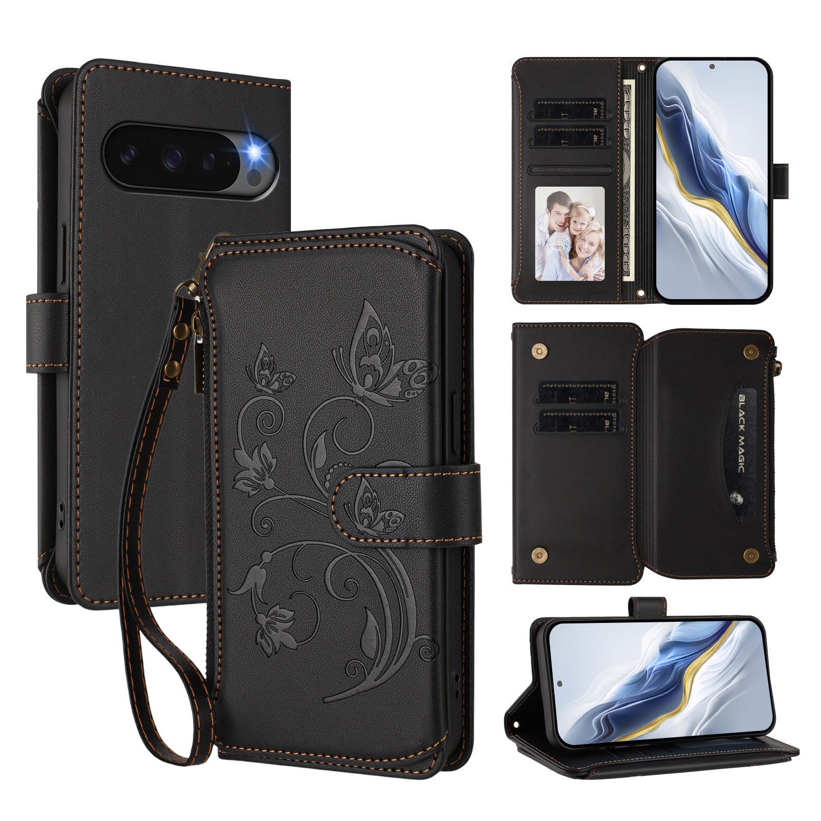 Dteck - Crossbody Wallet Case for Google Pixel 10 Pro XL,Embossed Butterfly Flower Folio Cover with Zipper Pocket+Strap - Black price history on PriceWatchPro
