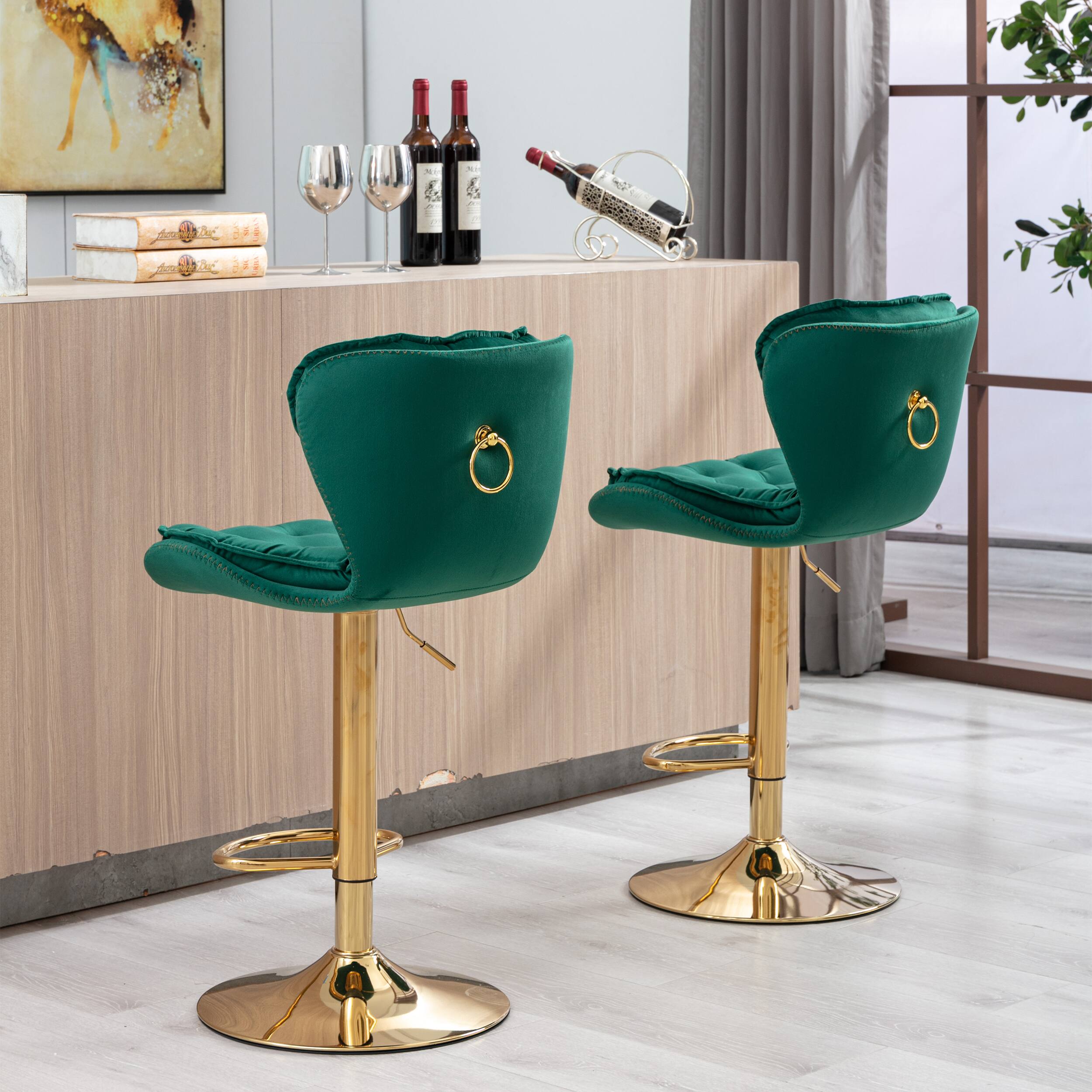 Angle. Trinkets Crazed - Bar Stools Set of 2, Velvet Counter Height Adjustable Barstools, Upholstered Swivel Dining Bar Chairs - Green.
