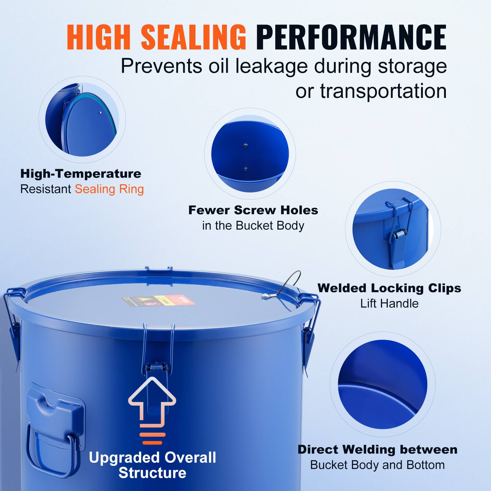 HIGH SEALING PERFORMANCE  
Prevents oil leakage during storage or transportation  

- High-Temperature Resistant Sealing Ring  
- Fewer Screw Holes in the Bucket Body  
- Welded Locking Clips Lift Handle  
- Upgraded Overall Structure  
- Direct Welding between Bucket Body and Bottom