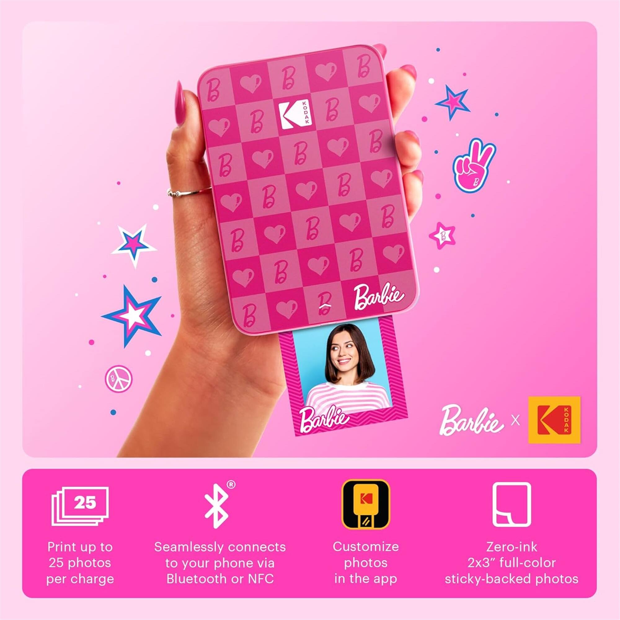 Barbie x KODAK 25

Print up to 25 photos per charge

Seamlessly connects to your phone via Bluetooth or NFC

Customize photos in the app

Zero-ink 2x3" full-color sticky-backed photos