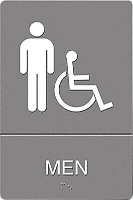 Front. Headline - U.S. Stamp & Sign Headline ADA "MEN" Wheelchair Accessible Restroom Sign, 6" x 9", Gray/White (UST4815) - Gray and White.