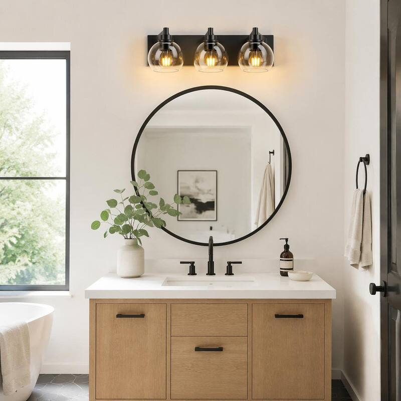 Angle. RYHNUYNE - Matte Black 3-Light Bathroom Vanity Light with Clear Glass Shades, Damp-Rated Wall Sconce for Mirror.