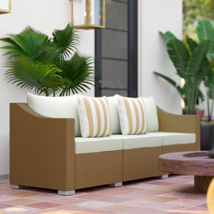 Alt View 9. PULUZ - Rattan Wicker 3 Seater Patio Couch with Cushions, 2 Throw Pillows, Outdoor Furniture Rattan Sofa - Light Gray.