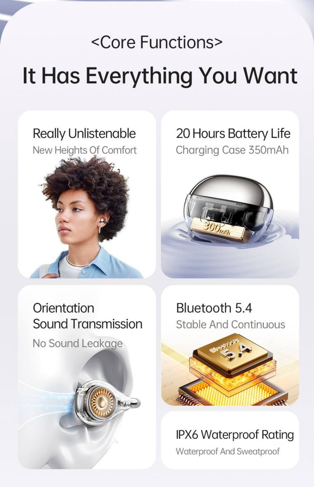 <Core Functions> It Has Everything You Want

- Really Unlistenable
- New Heights Of Comfort

- 20 Hours Battery Life
- Charging Case 350mAh

- Orientation
- Sound Transmission
- No Sound Leakage

- Bluetooth 5.4
- Stable And Continuous

- IPX6 Waterproof Rating
- Waterproof And Sweatproof