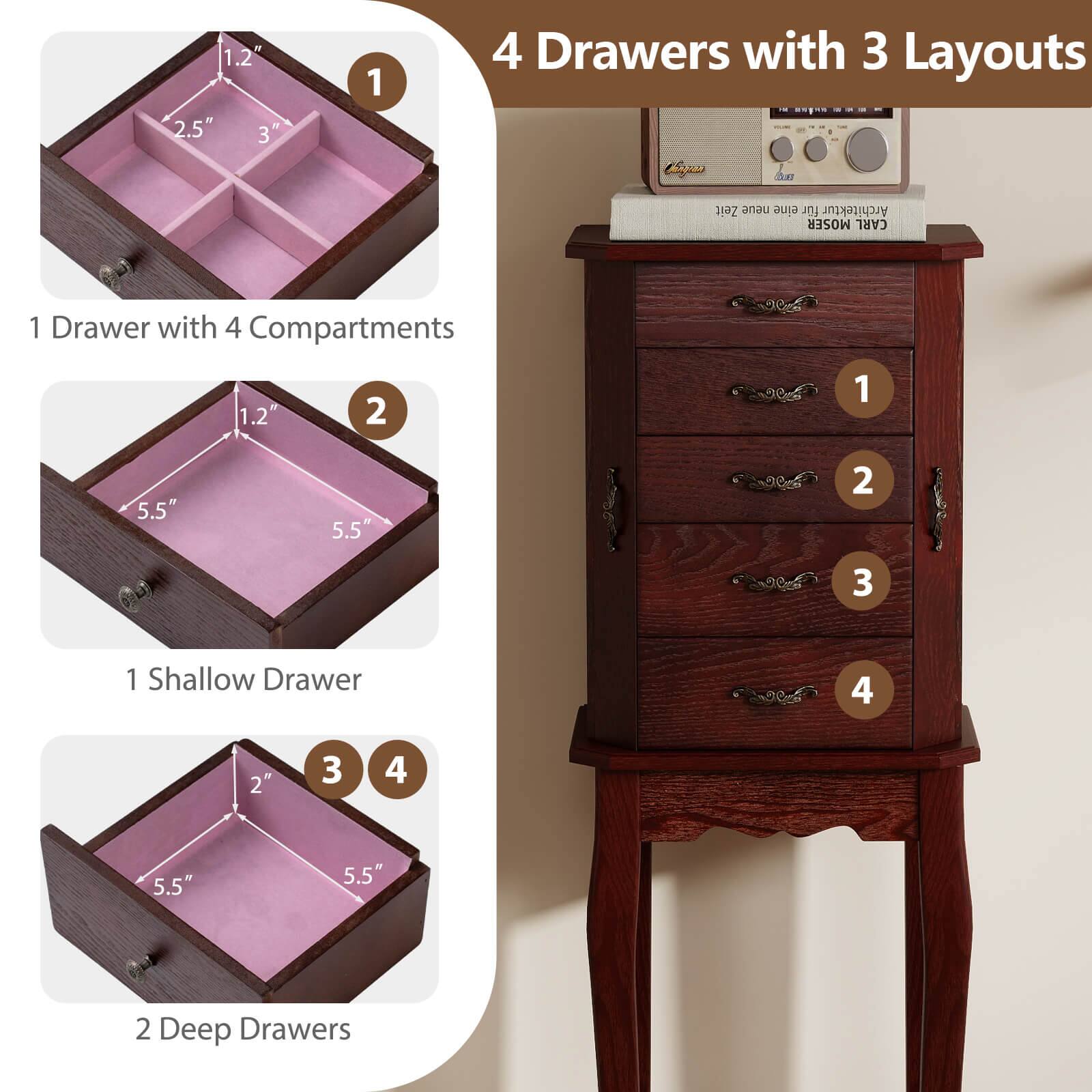 4 Drawers with 3 Layouts

1. 1 Drawer with 4 Compartments
   - 1.2" x 2.5" x 3"

2. 1 Shallow Drawer
   - 1.2" x 5.5" x 5.5"

3. 2 Deep Drawers
   - 2" x 5.5" x 5.5"
