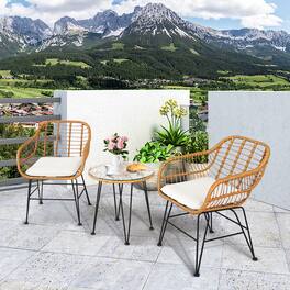 Gymax - 3PCS Rattan Patio Bistro Set Conversation Furniture Set w/ Cushions - White