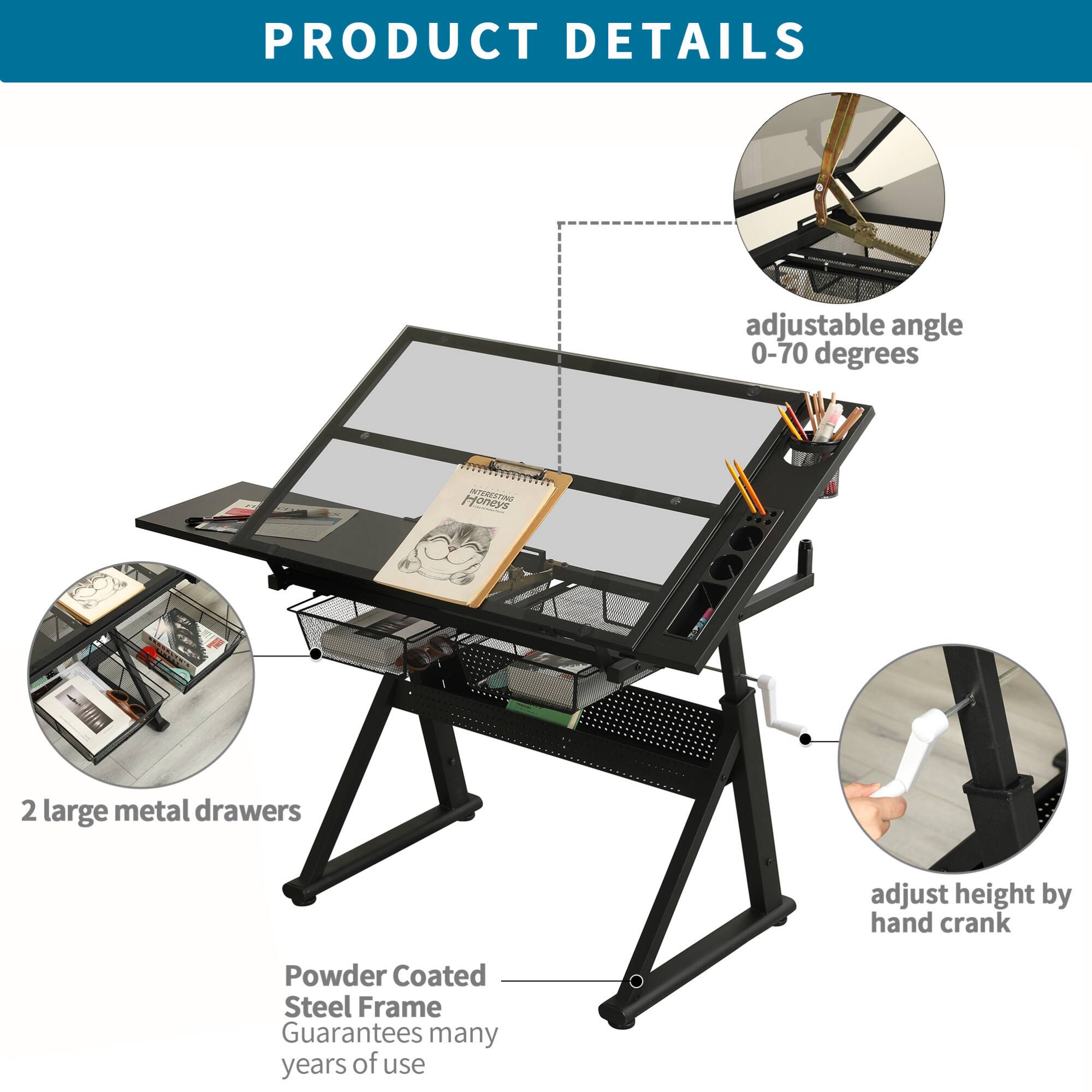 PRODUCT DETAILS

- adjustable angle 0-70 degrees
- 2 large metal drawers
- adjust height by hand crank
- Powder Coated Steel Frame
- Guarantees many years of use