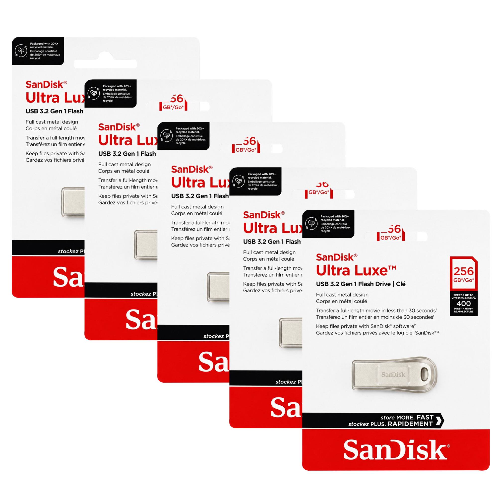 - SanDisk Ultra Lux USB 3.2 Gen 1 Flash
- 56 GB/Go
- Full cast metal design
- Corps en métal coulé
- Transfer a full-length mov
- Transferez un film entier
- Keep files private with SanDisk
- Gardez vos fichiers privés
- USB 3.2 Gen 1 Flash
- 256 GB/Go
- Full cast metal design
- Corps en métal coulé
- Transfer a full-length movie in less than 30 seconds
- Transferez un film entier en moins de 30 secondes
- Keep files private with SanDisk's software
- Gardez vos fichiers privés avec le logiciel SanDisk