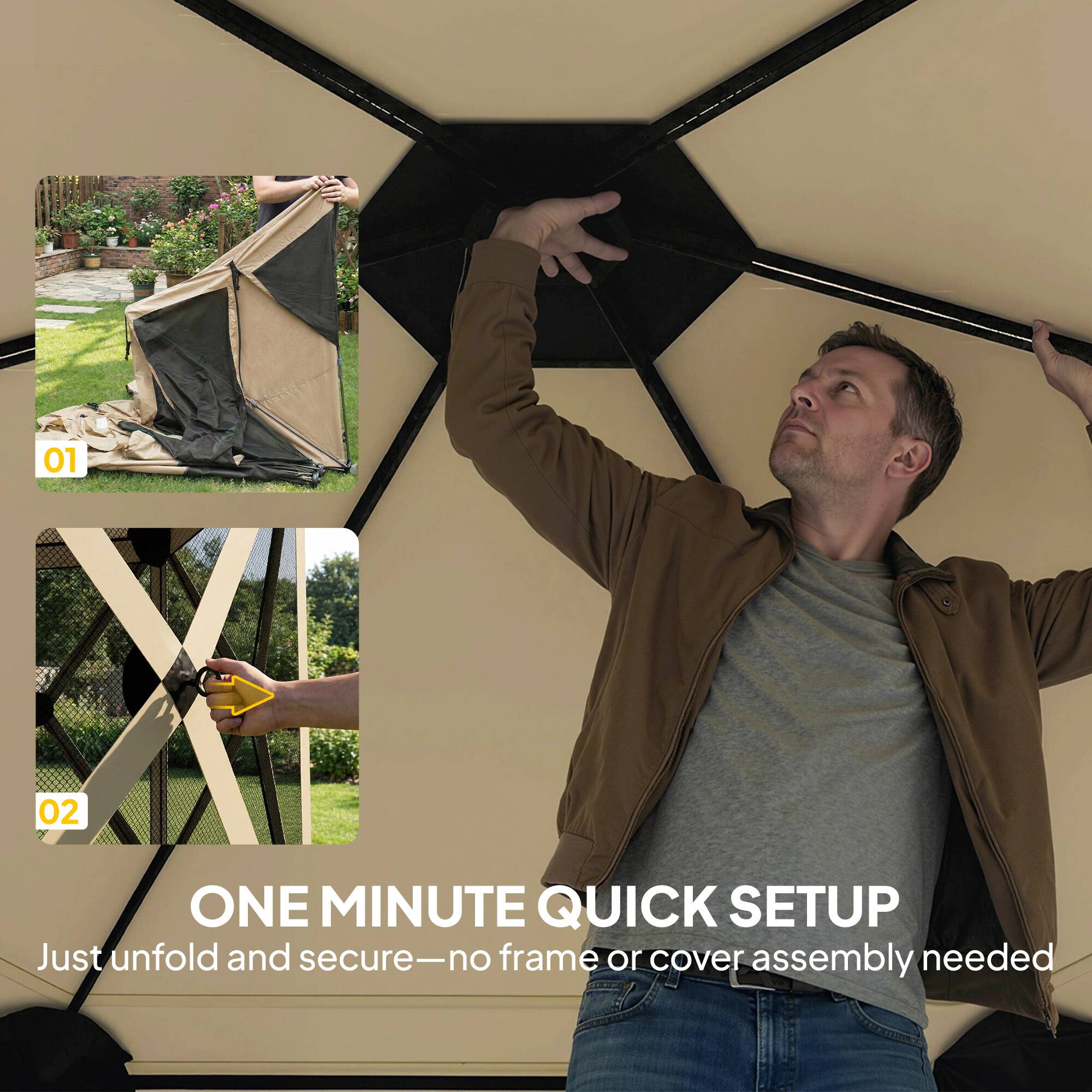 01 A  
02 ONE MINUTE QUICK SETUP  
Just unfold and secure—no frame or cover assembly needed