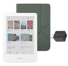 Kobo - Clara Colour eReader (White) with and AC Bundle - 2025 - Misty Green SleepCover