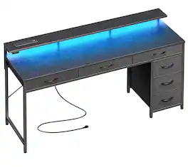 Fabibe - Gaming Desk With 6 Drawers Computer Led Lights Power Outlets And Type-c 55 Inch Office Storage Monitor Stand Office Desk - Black 54 inch