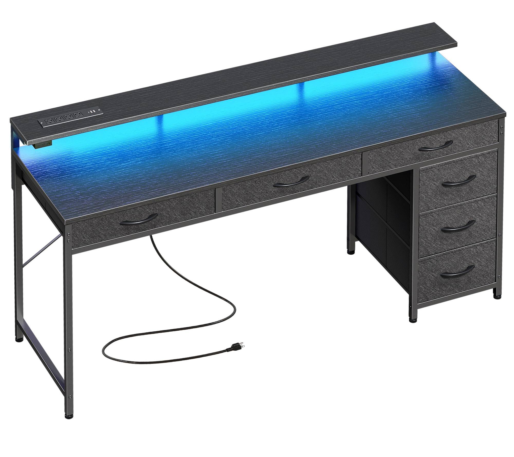 Front. Fabibe - Gaming Desk With 6 Drawers Computer Led Lights Power Outlets And Type-c 55 Inch Office Storage Monitor Stand Office Desk - Black 54 inch.