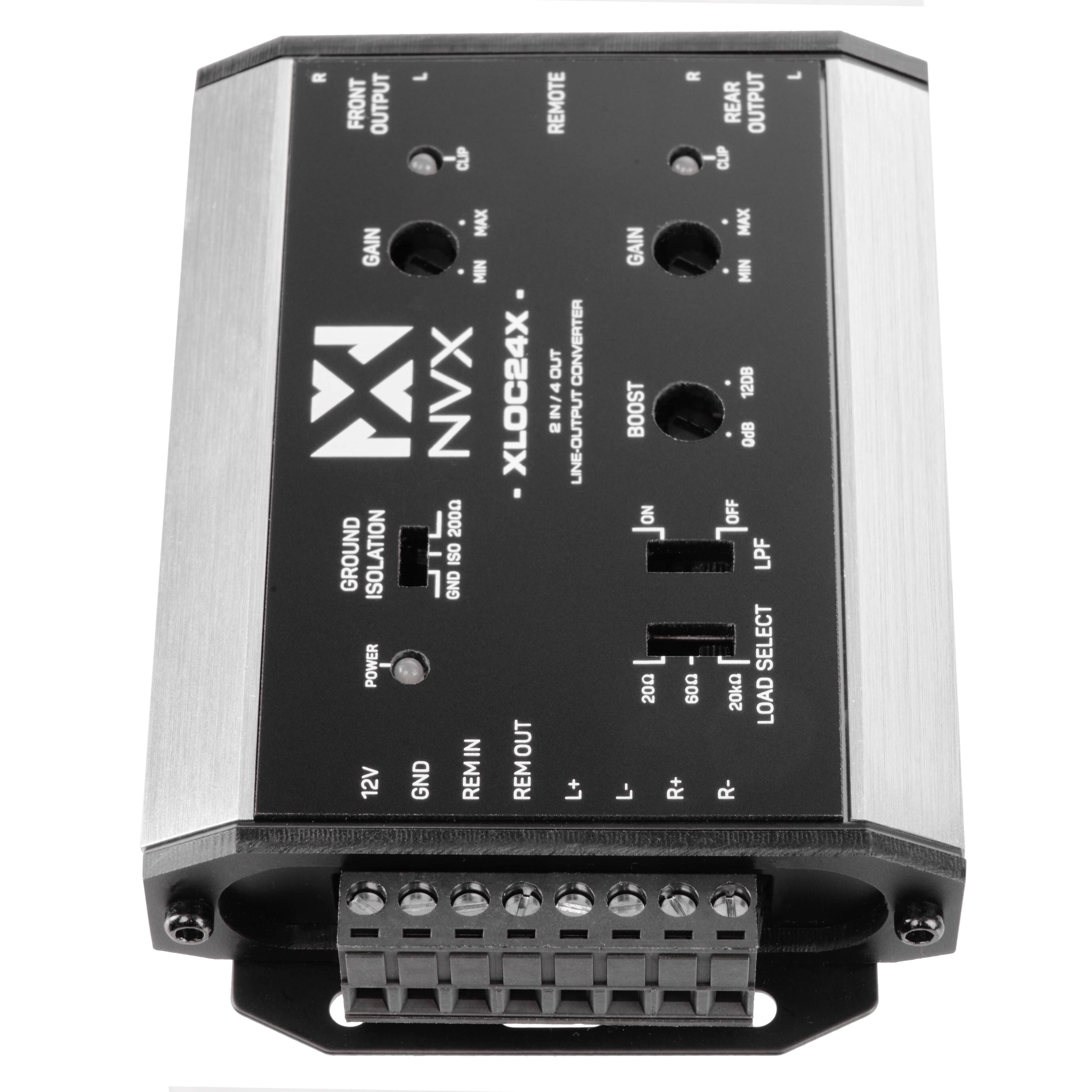 R FRONT OUTPUT 1 CLIP REMOTE D REAR OUTPUT CLIP 1 MAX GAIN MIN x NVX 2000 GROUND ISOLATION GND OSI POWER IN 12V GND REM XLOC24X OUT REM OUT CONVERTER 2I/4 OUT 4 N LINE-OUTPUT L+ GAIN BOOST NO 200 600 R+ MAX MIN 12D8 8PO OFF LPF SELECT 20kg LOAD R-