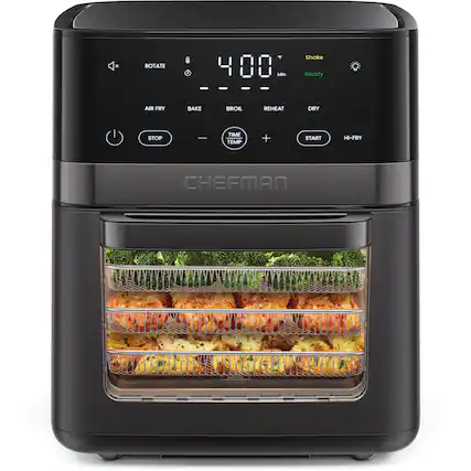 - ROTATE
- 00 Min
- Shake
- Ready
- AIR FRY
- BAKE
- BROIL
- REHEAT
- DRY
- STOP
- TIME
- TEMP
- START
- HI-FRY
- CHEFMAN