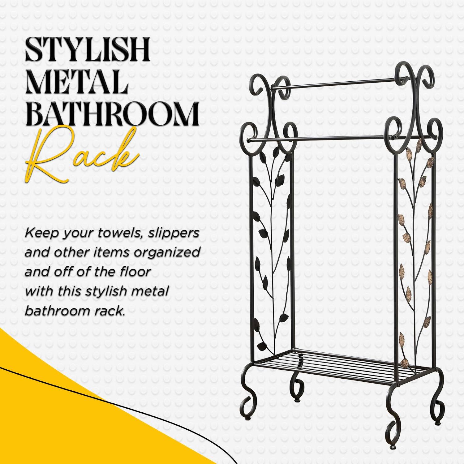 STYLISH METAL BATHROOM Rack

Keep your towels, slippers and other items organized and off of the floor with this stylish metal bathroom rack.