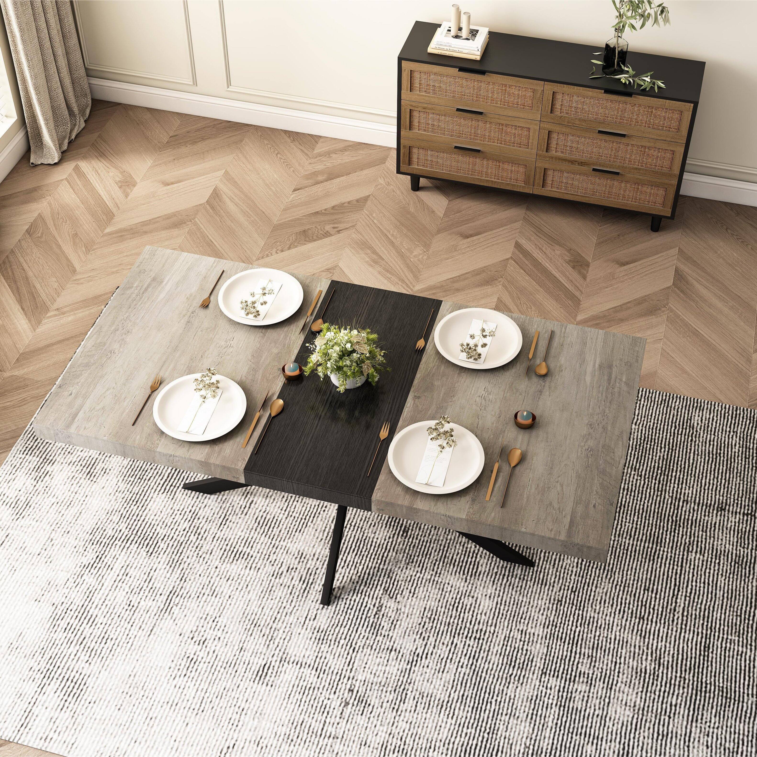 Front. Tiramisubest - Retro Rectangular Stretch Dining Table with Storage Box,Grey Carole Top With Black Embossed Center Plate,Iron Foot Base - Grey.