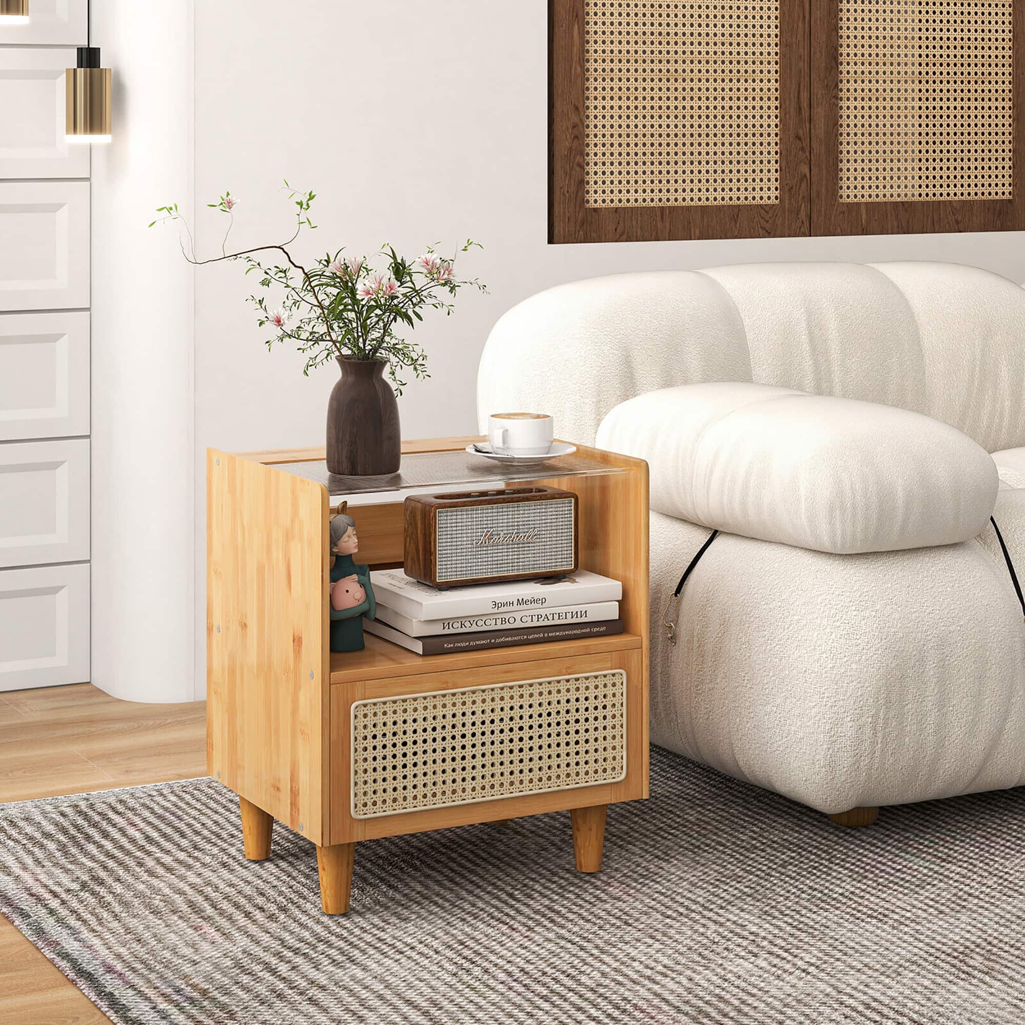 Alt View 11. Costway - Bamboo Rattan Nightstand Boho Bedside End Table with Drawer & Wood Legs - Natural.