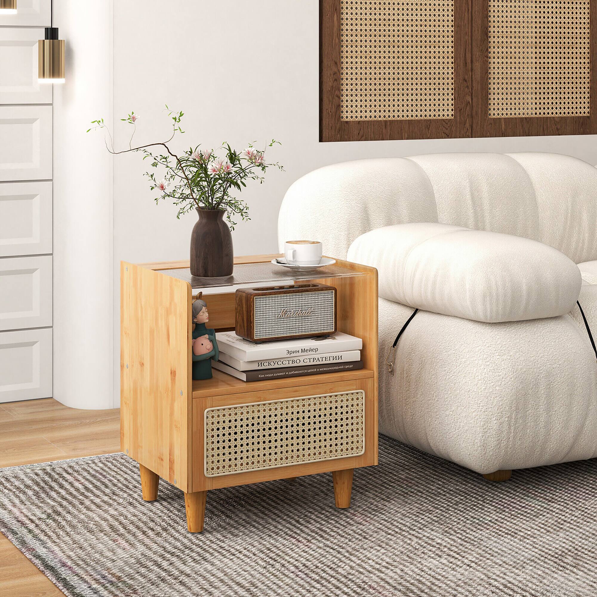 Alt View 11. Costway - Bamboo Rattan Nightstand Boho Bedside End Table with  Drawer & Wood Legs - Natural.
