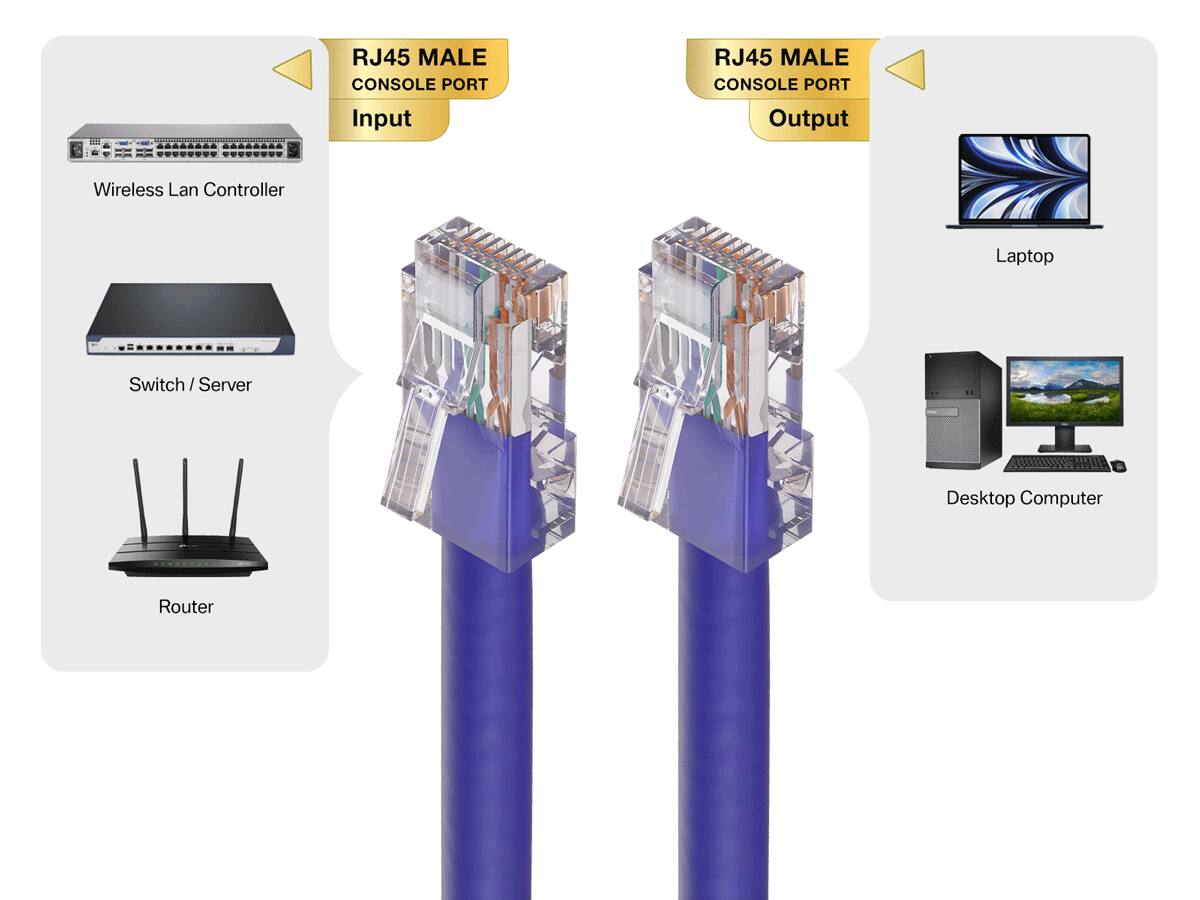 RJ45 MALE CONSOLE PORT Input  
RJ45 MALE CONSOLE PORT Output  
Wireless Lan Controller  
Laptop  
Switch/Server  
Desktop Computer  
Router