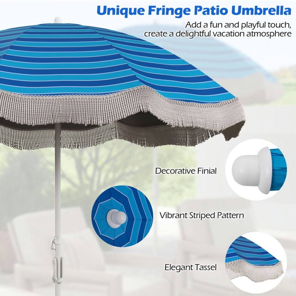 Unique Fringe Patio Umbrella  
Add a fun and playful touch, create a delightful vacation atmosphere  

- Decorative Finial  
- Vibrant Striped Pattern  
- Elegant Tassel