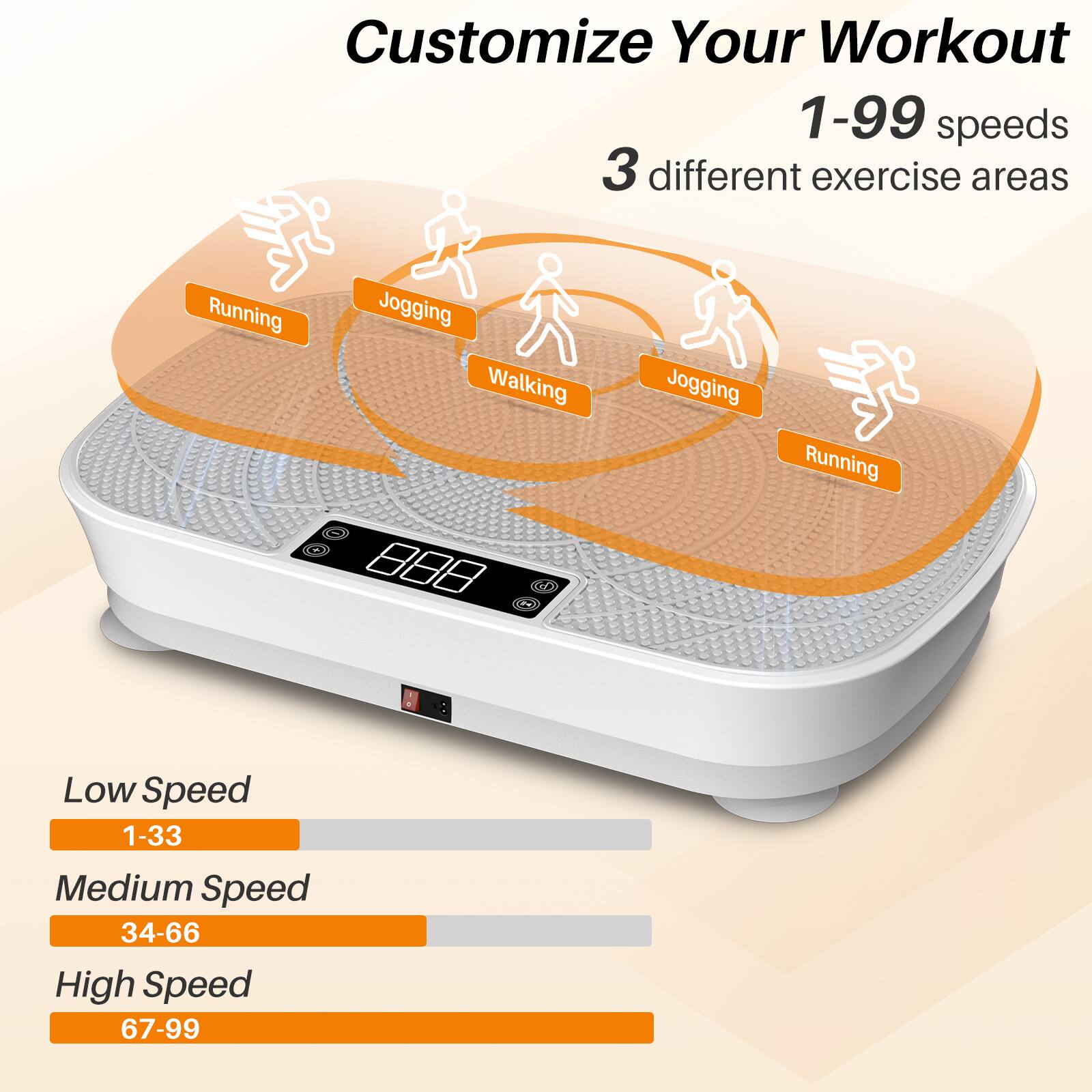 Customize Your Workout

1-99 speeds

3 different exercise areas

Low Speed
1-33

Medium Speed
34-66

High Speed
67-99