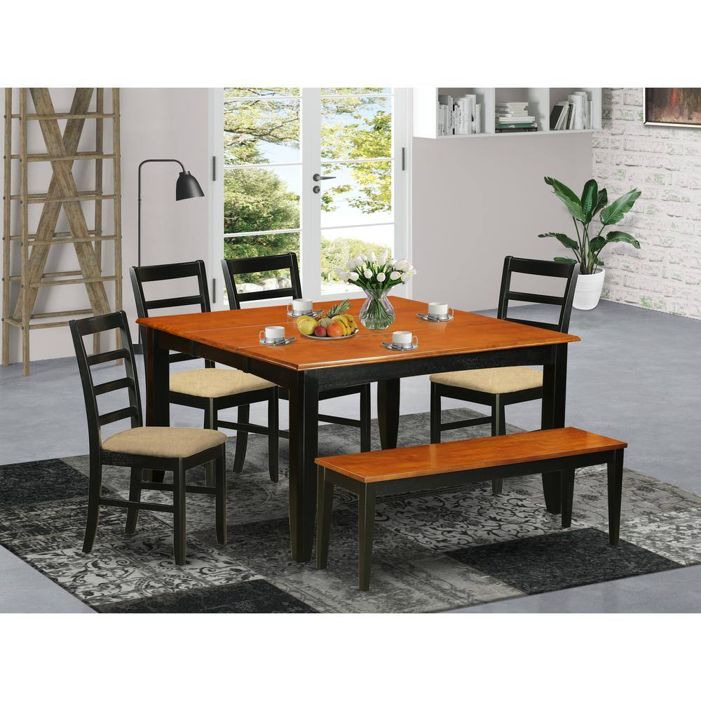 Back. East West Furniture - PARF6-BCH-C 6 PC Dining room set with bench-Kitchen Tables and 4 Dining Chairs Plus bench - Black & Cherry.