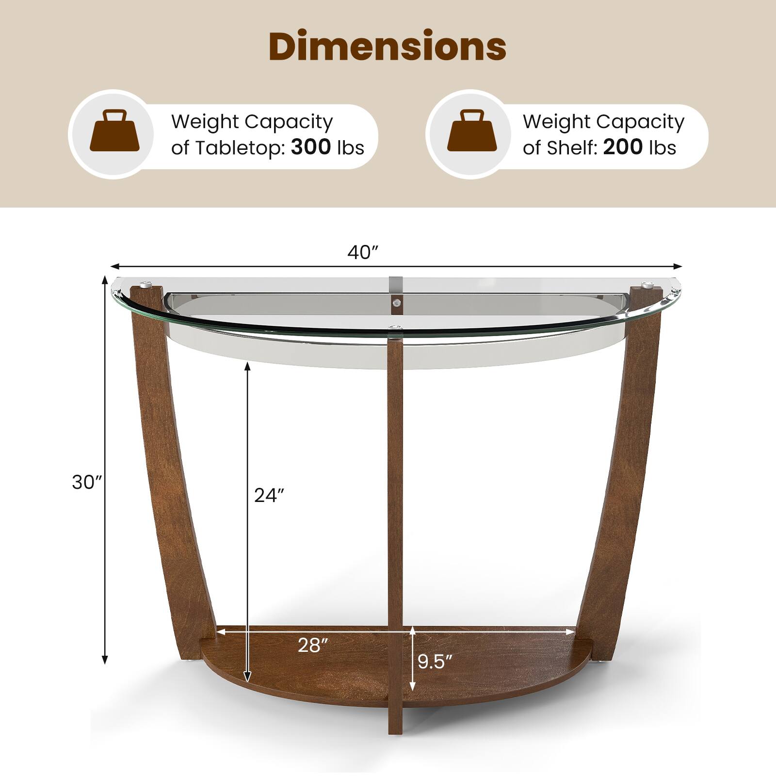 Dimensions  
Weight Capacity of Tabletop: 300 lbs  
Weight Capacity of Shelf: 200 lbs  

40"  
30"  
24"  
28"  
9.5"