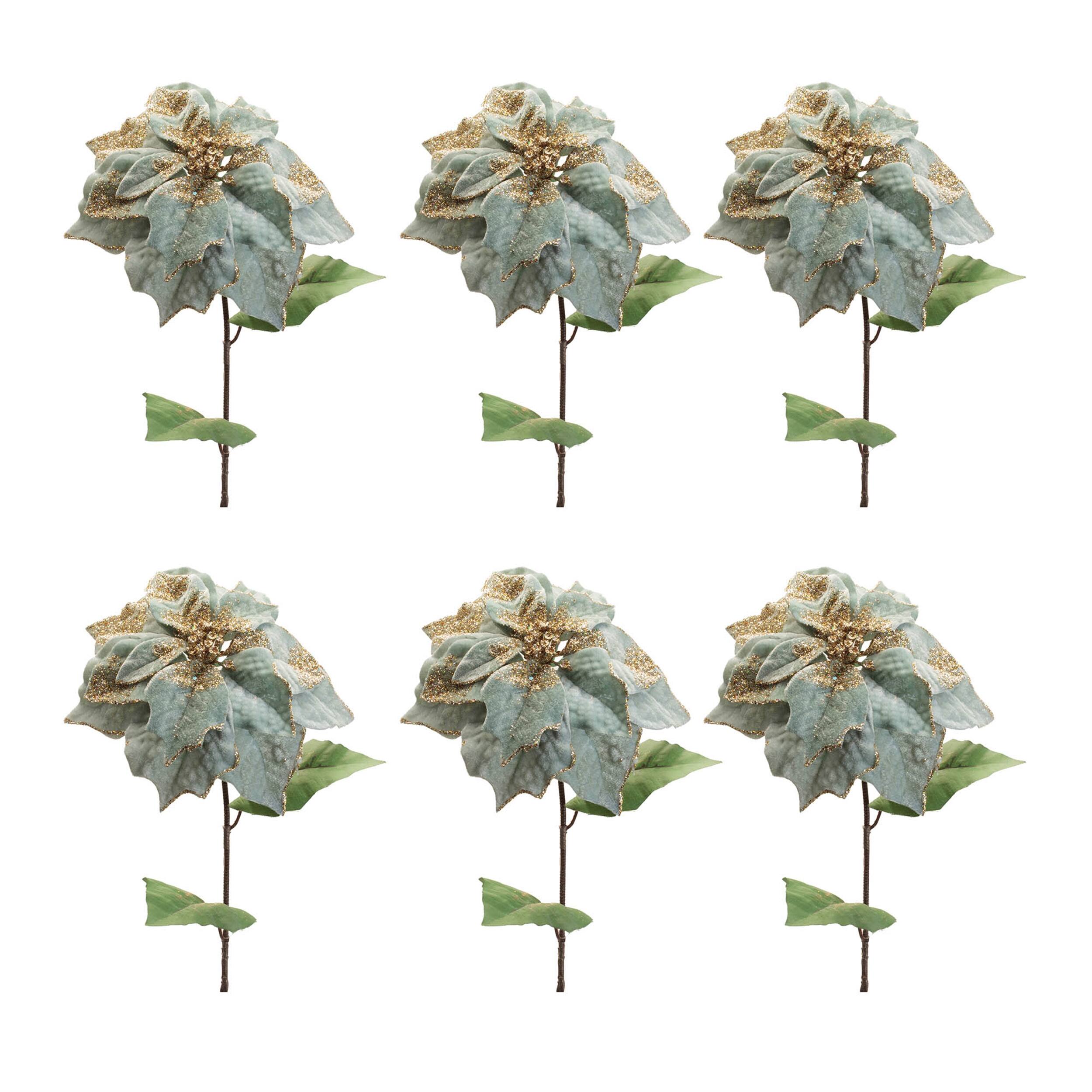 Left. BreeBe - Glittered Poinsettia Flower Stem (Set of 6) - Green, Gold.