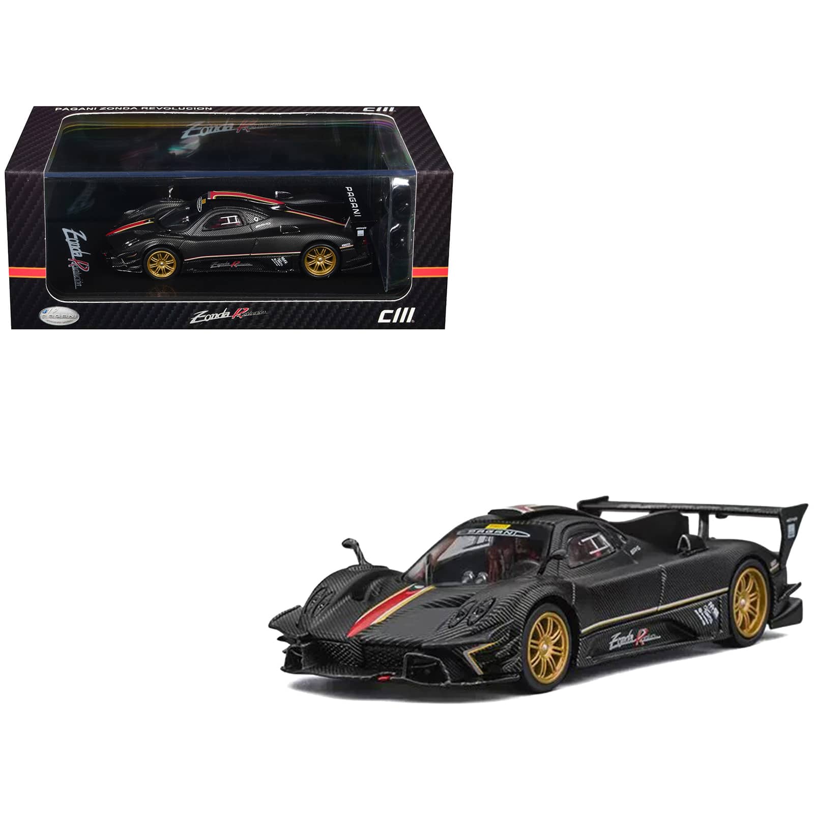 Pagani Zonda Revolucion Carbon with Red and Gold Stripes and Extra Wheels 1/64 Diecast Model Car by CM Models price history on PriceWatchPro