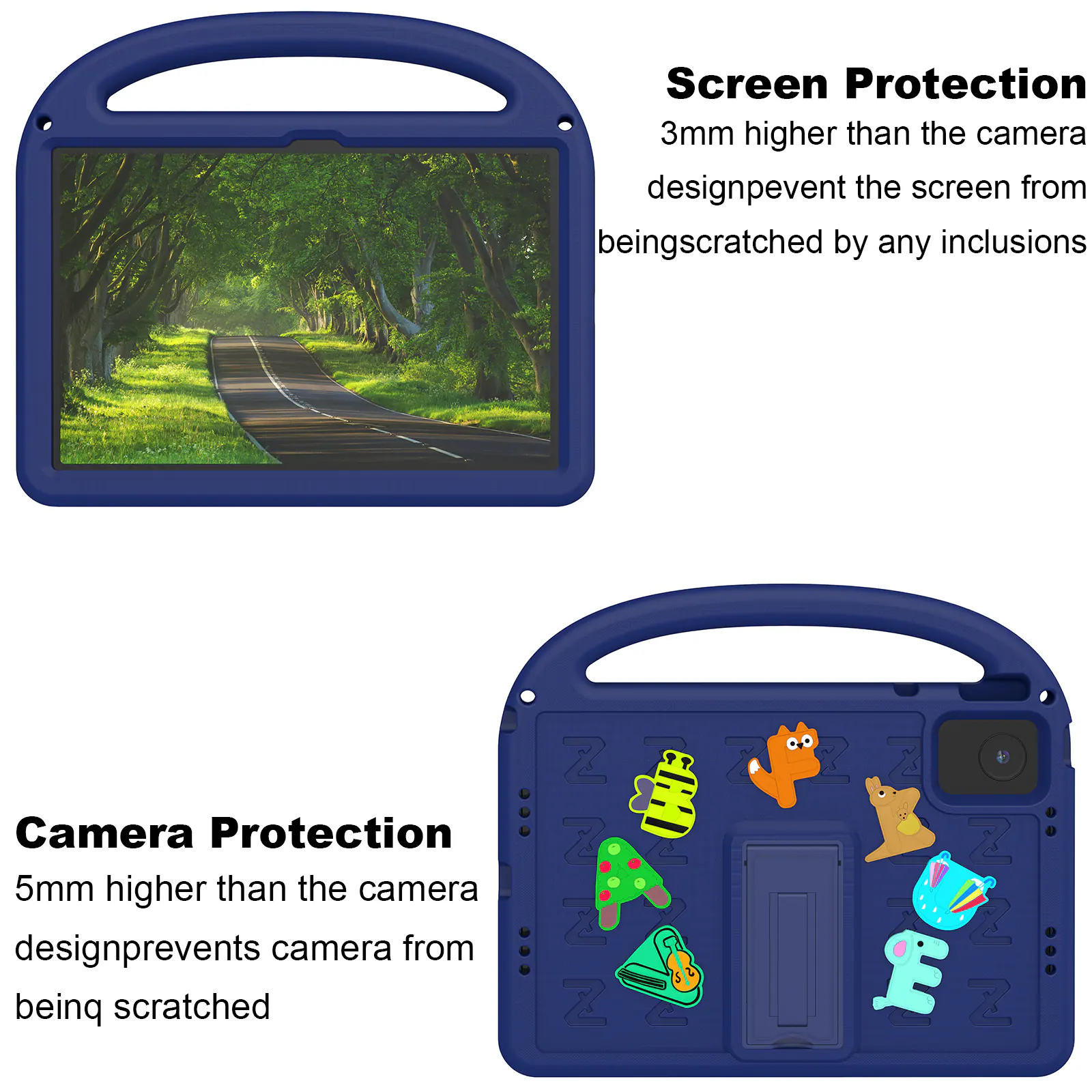 Screen Protection  
3mm higher than the camera design prevents the screen from being scratched by any inclusions

Camera Protection  
5mm higher than the camera design prevents the camera from being scratched