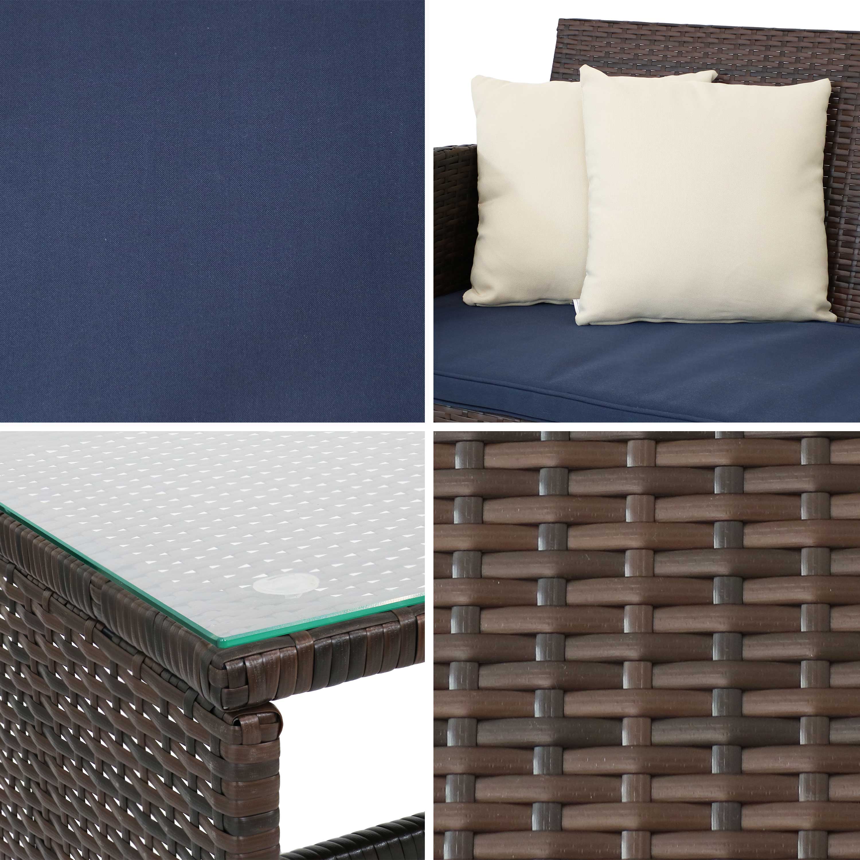 Alt View 7. Sunnydaze - Ardfield Rattan 4-Piece Patio Furniture Set - Brown Rattan with Navy Cushions.