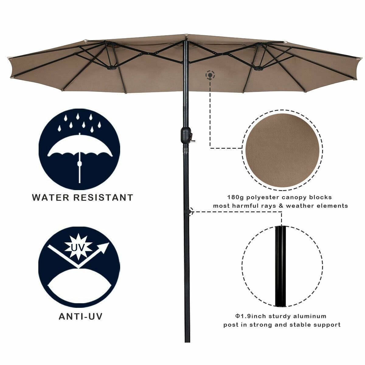 WATER RESISTANT, ANTI-UV, 180g polyester canopy blocks most harmful rays & weather elements, 1 9inch sturdy aluminum post in strong and stable support