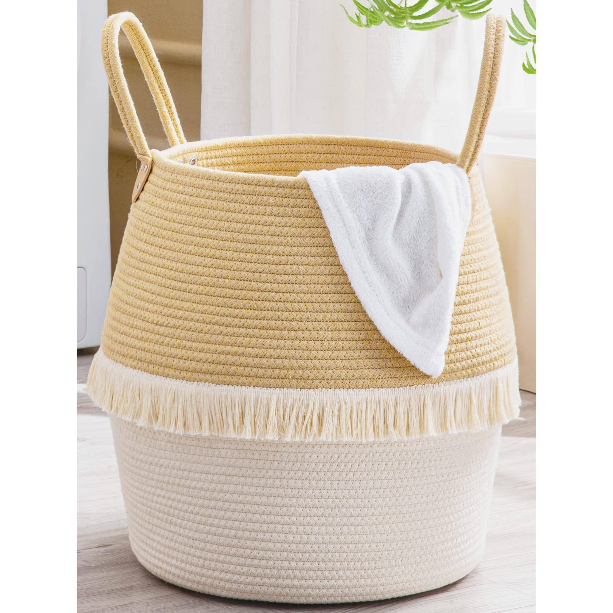 Front. Dapper Styles - Woven Baskets For Storage 17"x17" Cotton Rope Basket Laundry Hamper Collapsible Blanket Organizing Living R... - Beige Fringe.