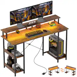 Homcom - 55" Gaming Desk with Power Outlets and LED Lights, Reversible Computer Desk with Monitor Stand - Rustic Brown