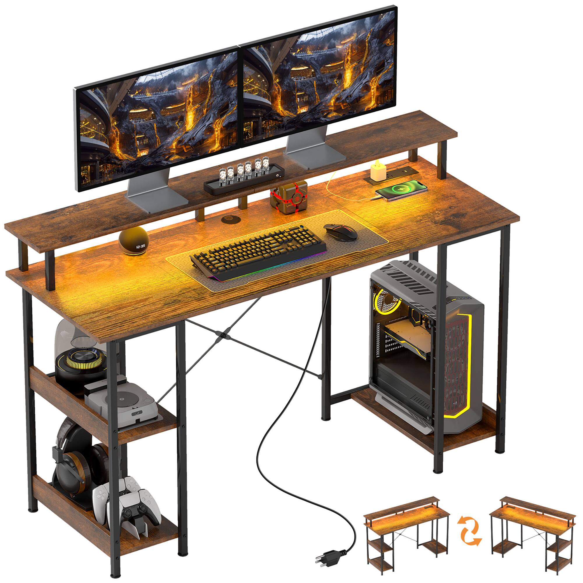 Homcom - 55" Gaming Desk with Power Outlets and LED Lights, Reversible Computer Desk with Monitor Stand - Rustic Brown