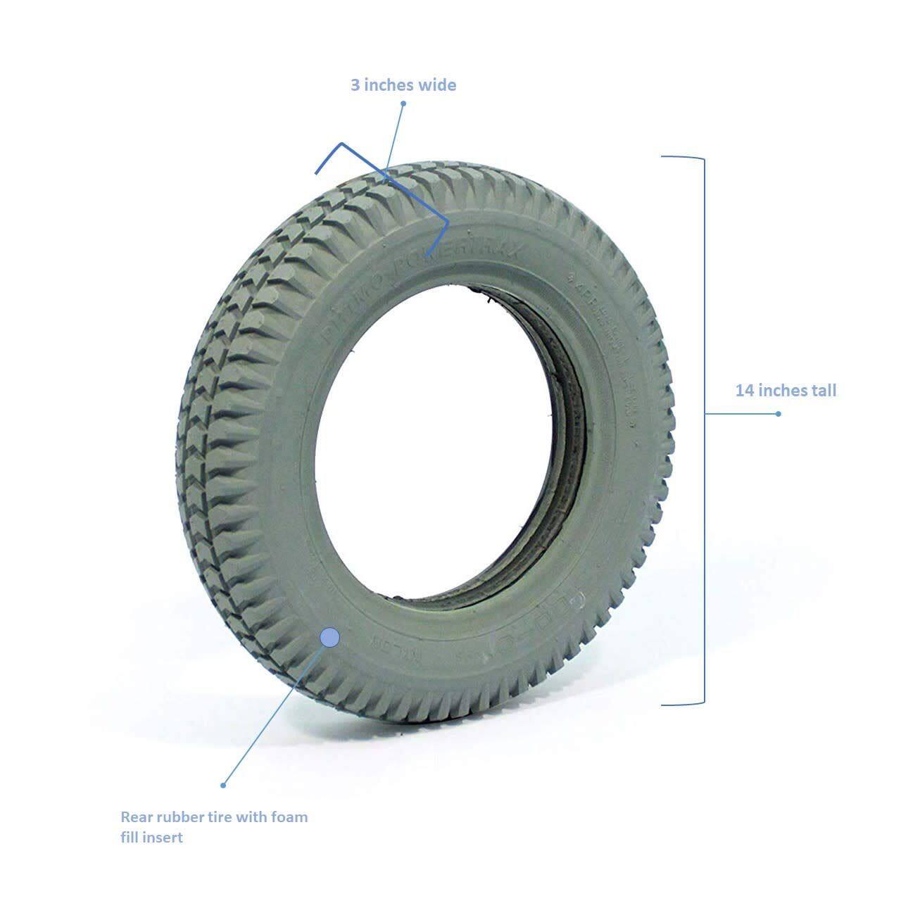 3 inches wide  
14 inches tall  
Rear rubber tire with foam fill insert