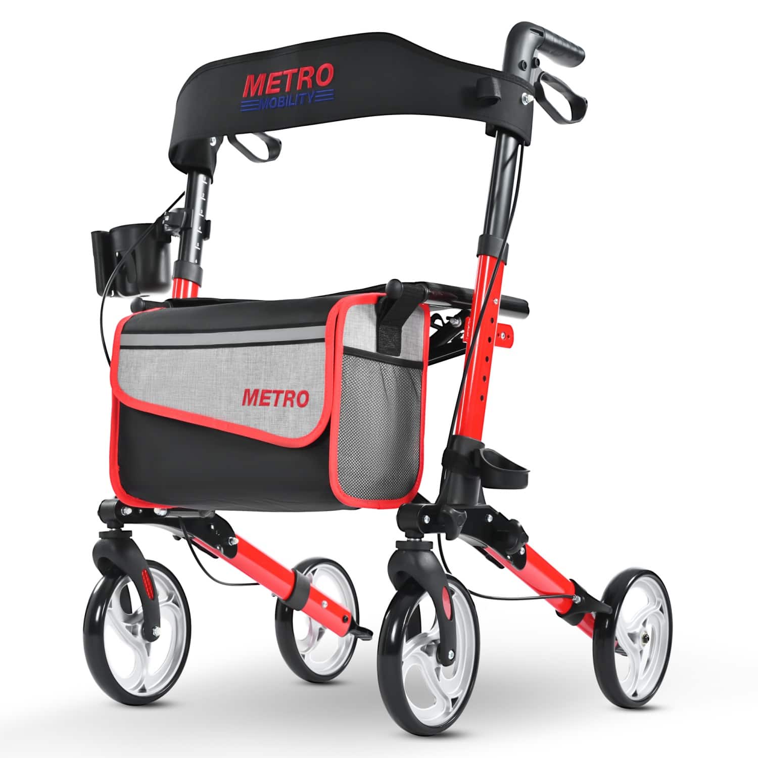 Metro Mobility - M931 Rollator Walker with Seat for Seniors, Foldable Rolling Walking, 8" Wheels for All Terrain, 300 lb Capacity - Red
