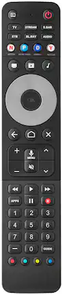 TV STREAM S.BAR STB BL.RAY AUDIO N P D Y NETFLIX PRIME VIDEO DISNEY+ YOUTUBE S OK X + MENU APPS R 1 2 3 4 5 6 7 8 9 - 0 GUIDE