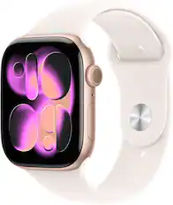Front. Apple - Apple Watch Series 11 (GPS+Cellular) 46mm Aluminum Case with Light Blush Sport Band - S/M - Rose Gold.
