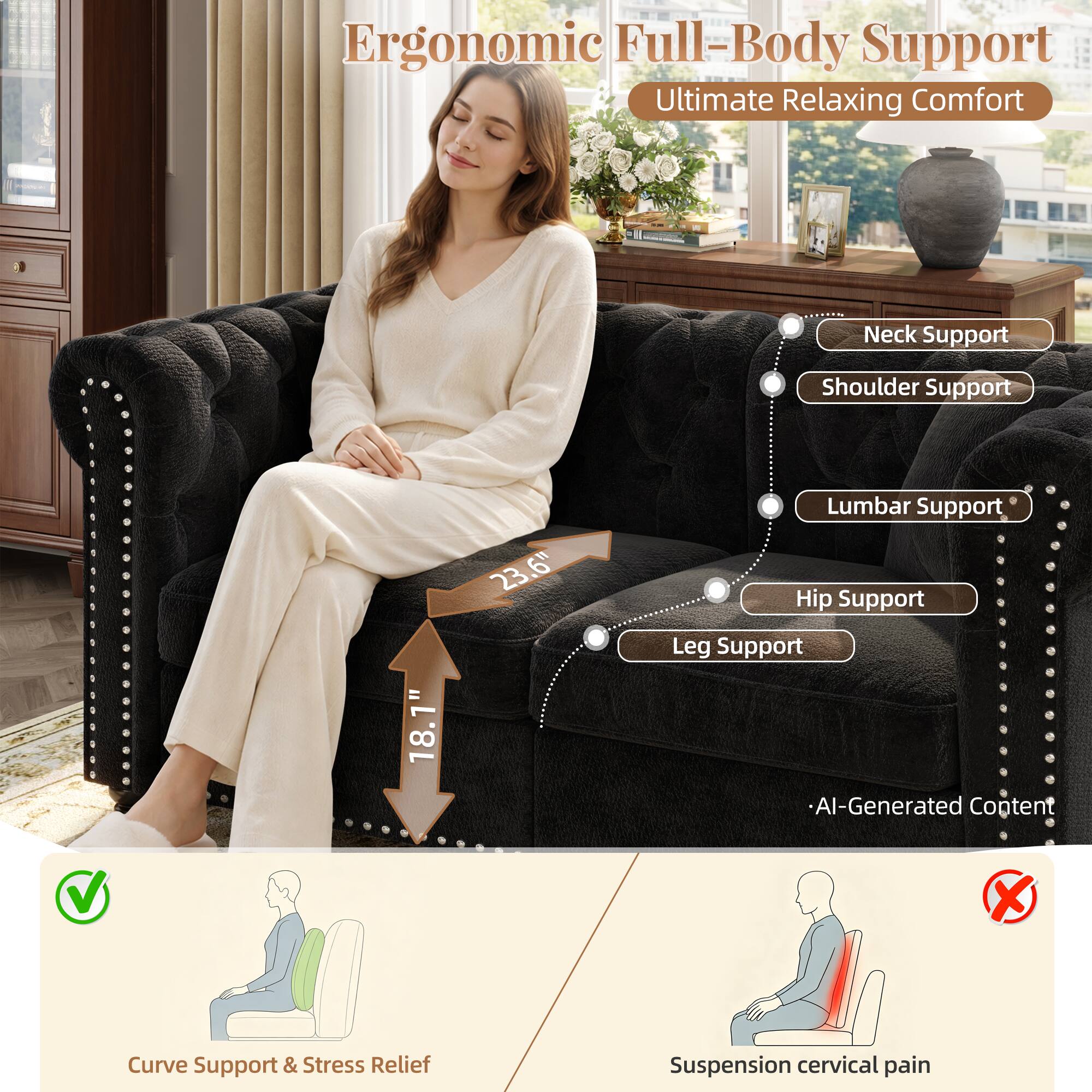 Ergonomic Full-Body Support Ultimate Relaxing Comfort

Neck Support
Shoulder Support
Lumbar Support
Hip Support
Leg Support

"L 18.1"
23.6"

Curve Support & Stress Relief
Suspension cervical pain

AI-Generated Content