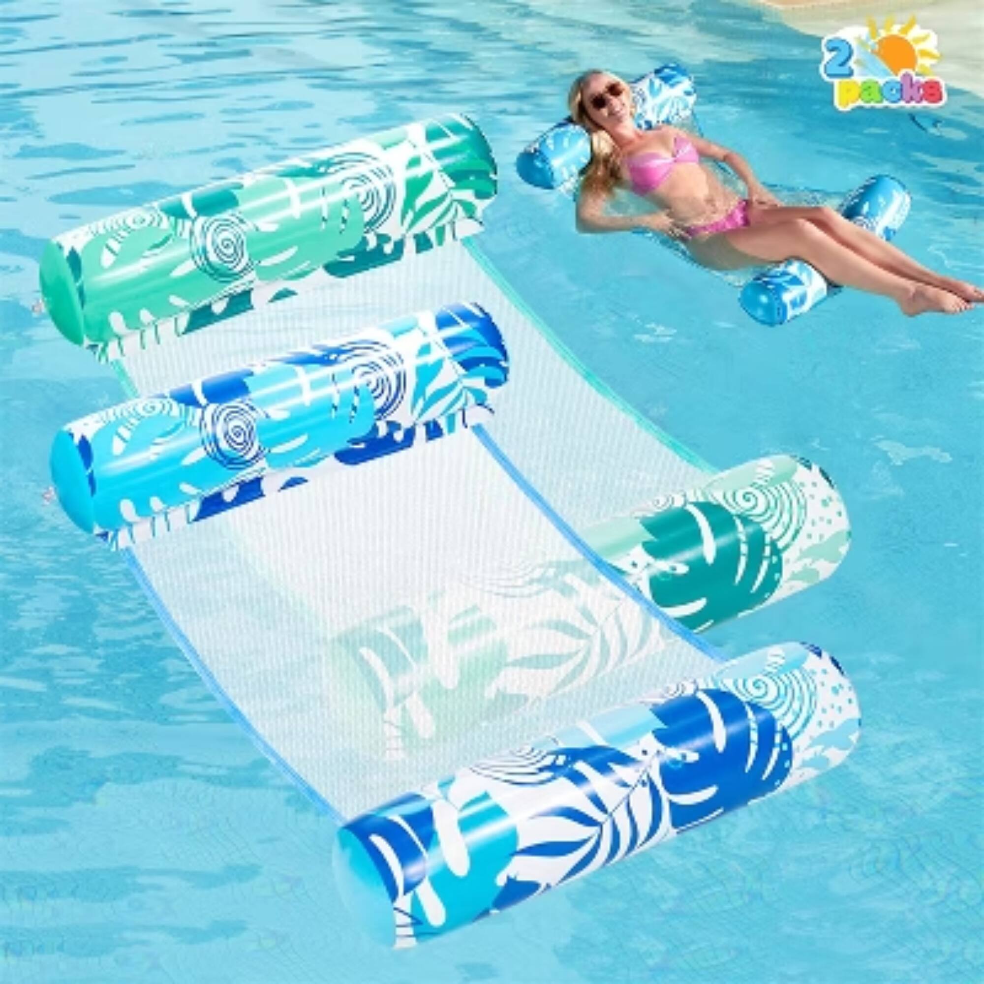 Angle. Joyfy - 2 Packs 4-in-1 Hammock Pool Floats, Inflatable Pool Floaties Lounge Chairs for Adults Beach Pool Fun (Blue, Green).